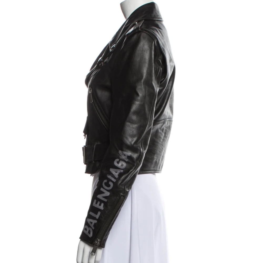 Authentic Balenciaga black leather logo jacket moto jacket 6 S M